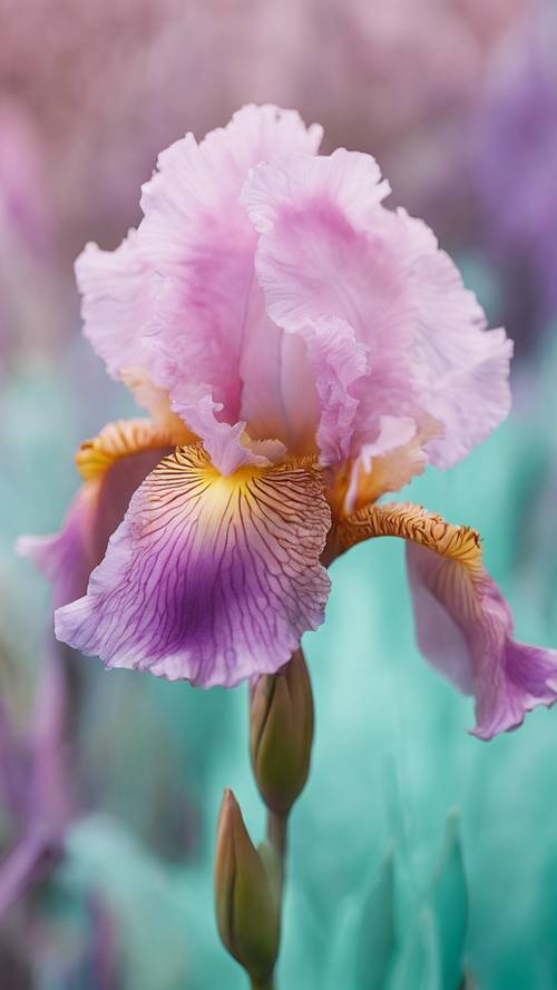 A surreal image of an iris in unusual candy colors, like pink, cotton-candy blue, and mint green.