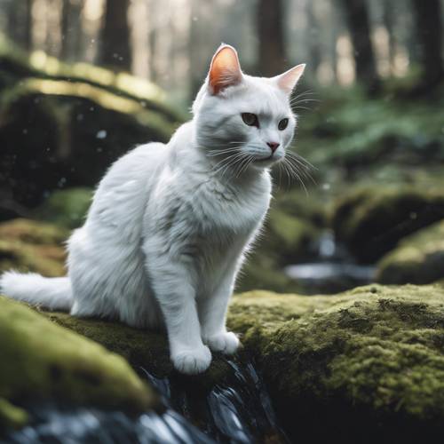 Un gato blanco como la nieve, con marcadas rayas negras, posado en silencio sobre una piedra cubierta de musgo, observando el sereno fluir de un tranquilo arroyo.