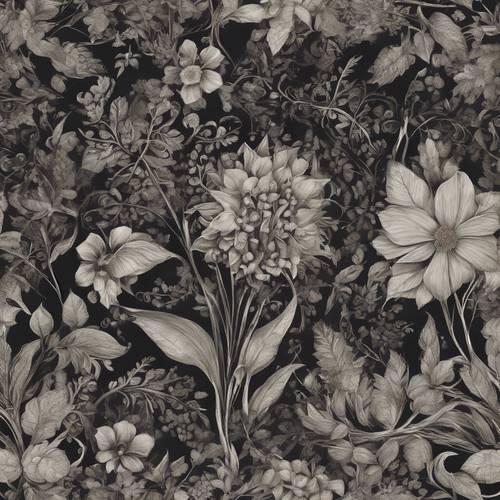 A blanket of dark parchment drawn with ornate botanical motifs. Wallpaper [6ab1f646912b48289e91]