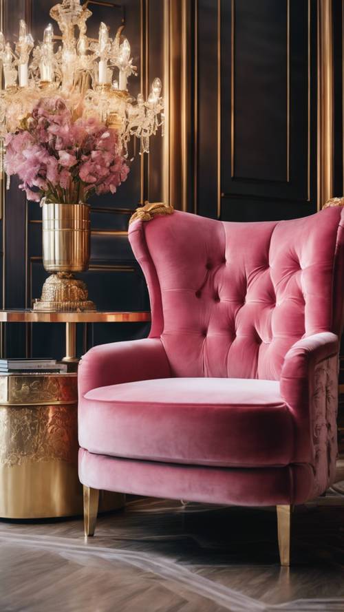 Uma cadeira macia de veludo rosa com detalhes dourados em um quarto luxuoso.