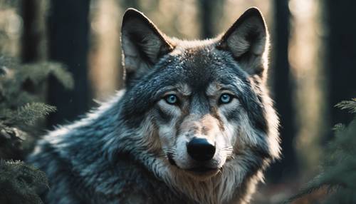 The fierce gaze of a blue wolf in the middle of a deep forest.