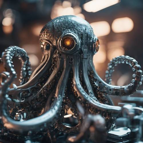 A cybernetic octopus with metallic tentacles manipulating complex futuristic devices.