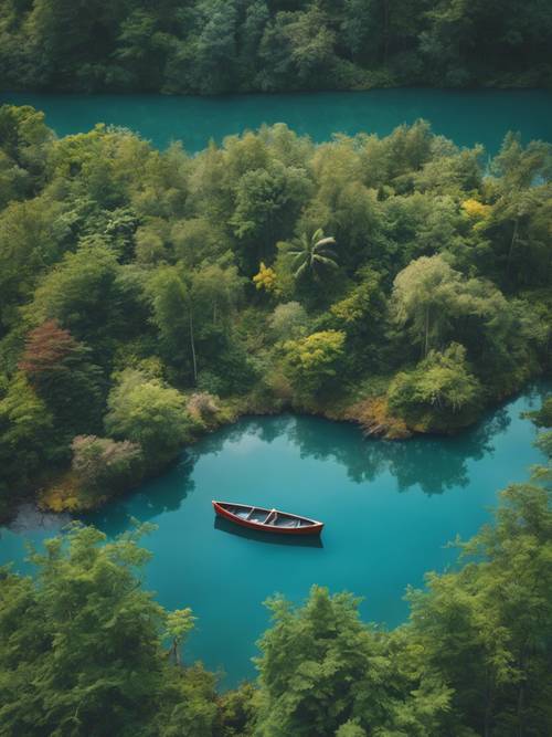 An overhead view of a vibrant blue lake, a small island in the middle with a colorful campsite, a canoe tied nearby, surrounded by lush greenery.