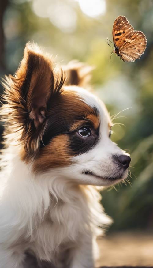 Một chú chó con papillon tò mò với đôi tai giống bướm đặc trưng của nó vểnh lên.