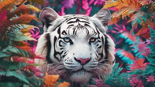 Representação abstrata de um curioso tigre branco espreitando por trás de uma folhagem psicodélica e colorida.