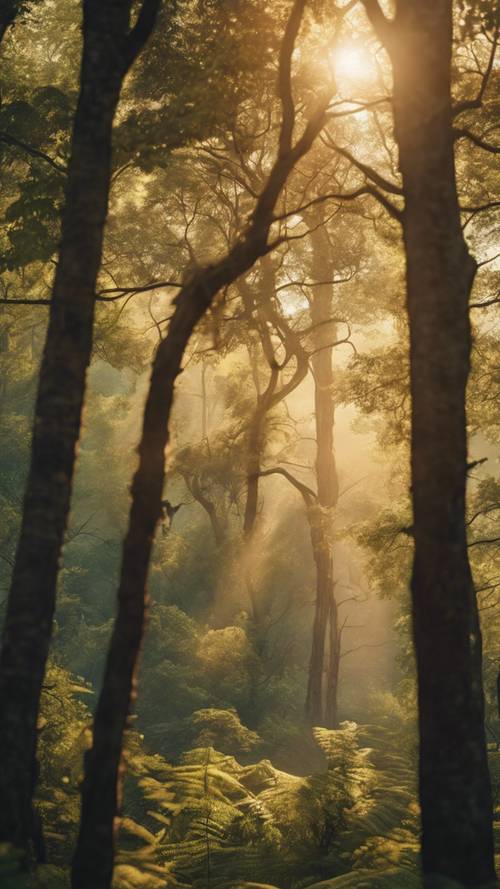 Pemandangan indah hutan lebat dan lebat bermandikan cahaya keemasan matahari terbit.