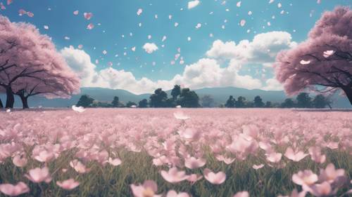 Un amplio campo de hierba bajo un cielo azul con pétalos de sakura dispersos y una cita de anime ligeramente visible en la brisa.