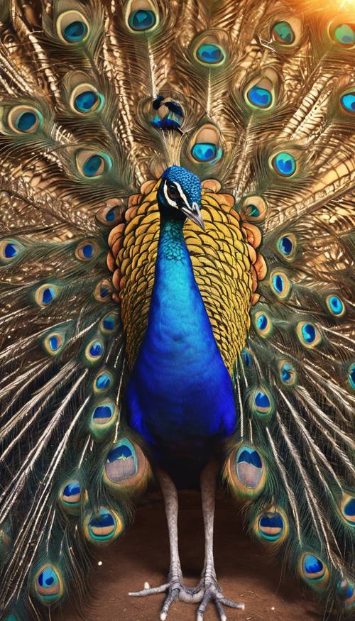 A majestic blue peacock spreading its extravagant feathers on a golden sunset background.