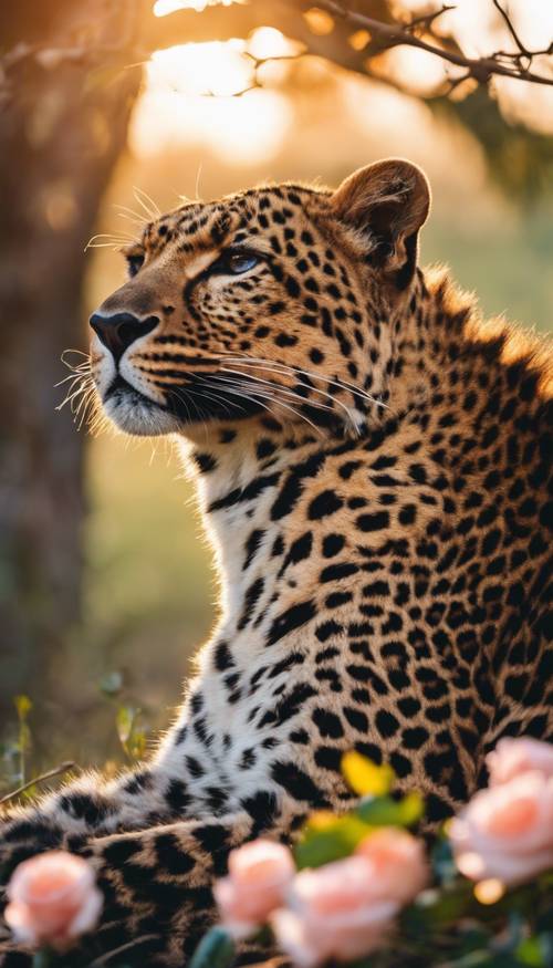 Un léopard majestueux se prélassant sous un arbre avec sa fourrure or rose scintillant subtilement dans la lumière du coucher du soleil.