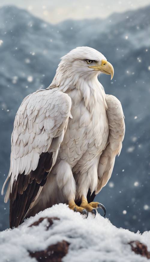 A detailed illustration of an aged white eagle perched on a snowy mountain peak.