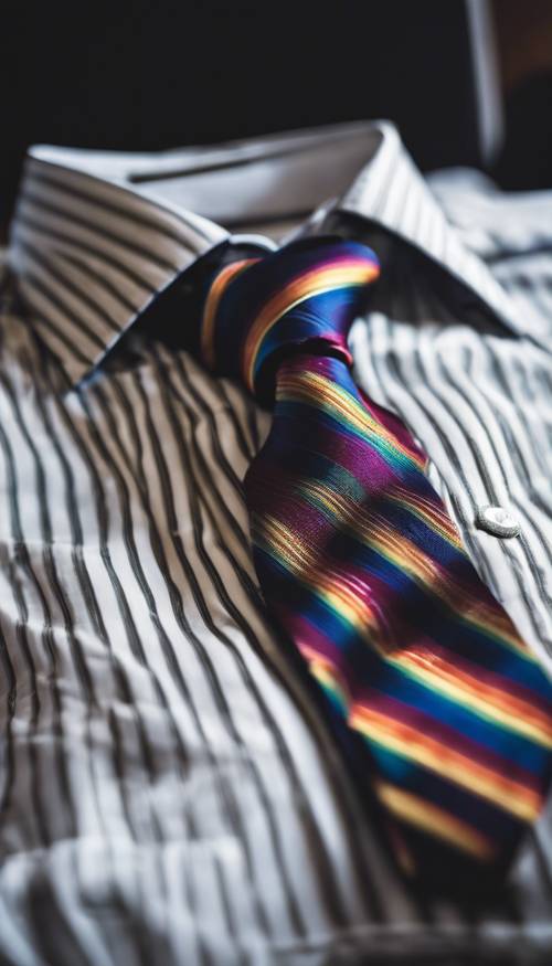 Un conjunto clásico de muy buen gusto colocado sobre una cama, con una corbata a rayas de arcoíris como pieza central.