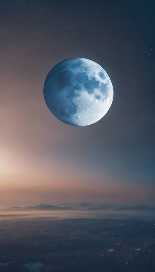 宁静的蓝色夜空，一轮巨大闪亮的月亮悬挂在中央。