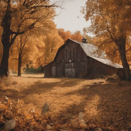 A barn in a farm surrounded by trees turning orange and yellow in fall.