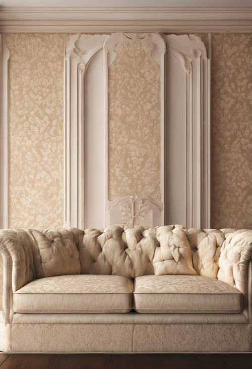 Sofa bermotif damask krem ​​terletak di ruang tamu yang terang benderang.