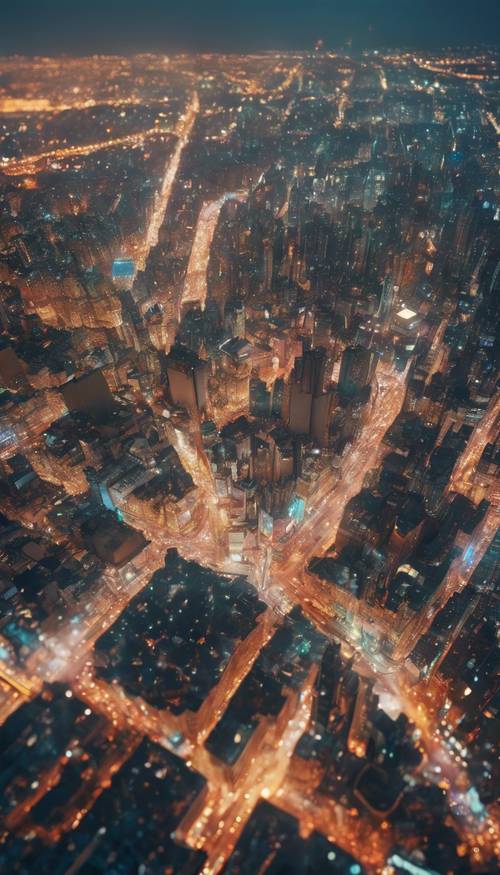 An overhead view of a sprawling city in the Y2K era adorned with bright lights. Tapet [bc372920345442069780]