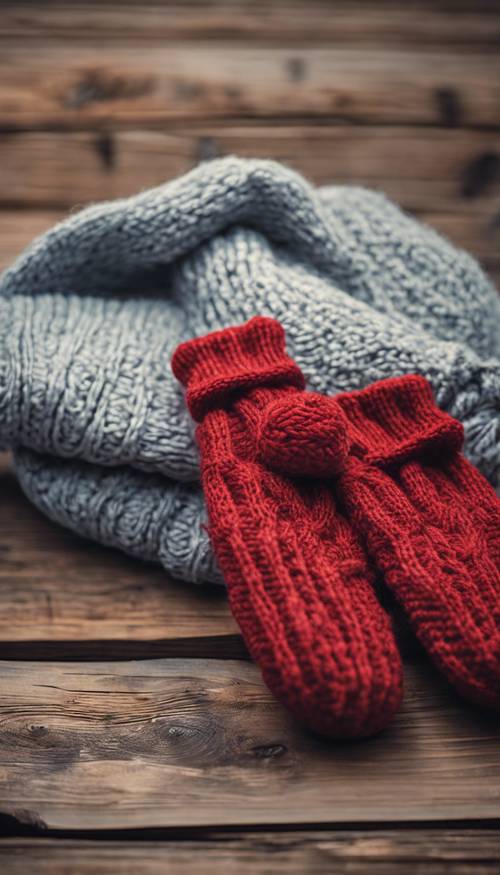 A pair of cozy mittens and a matching knitted hat on a rustic wooden table, ready for winter. Tapeta na zeď [e7803d5b07834820bb18]