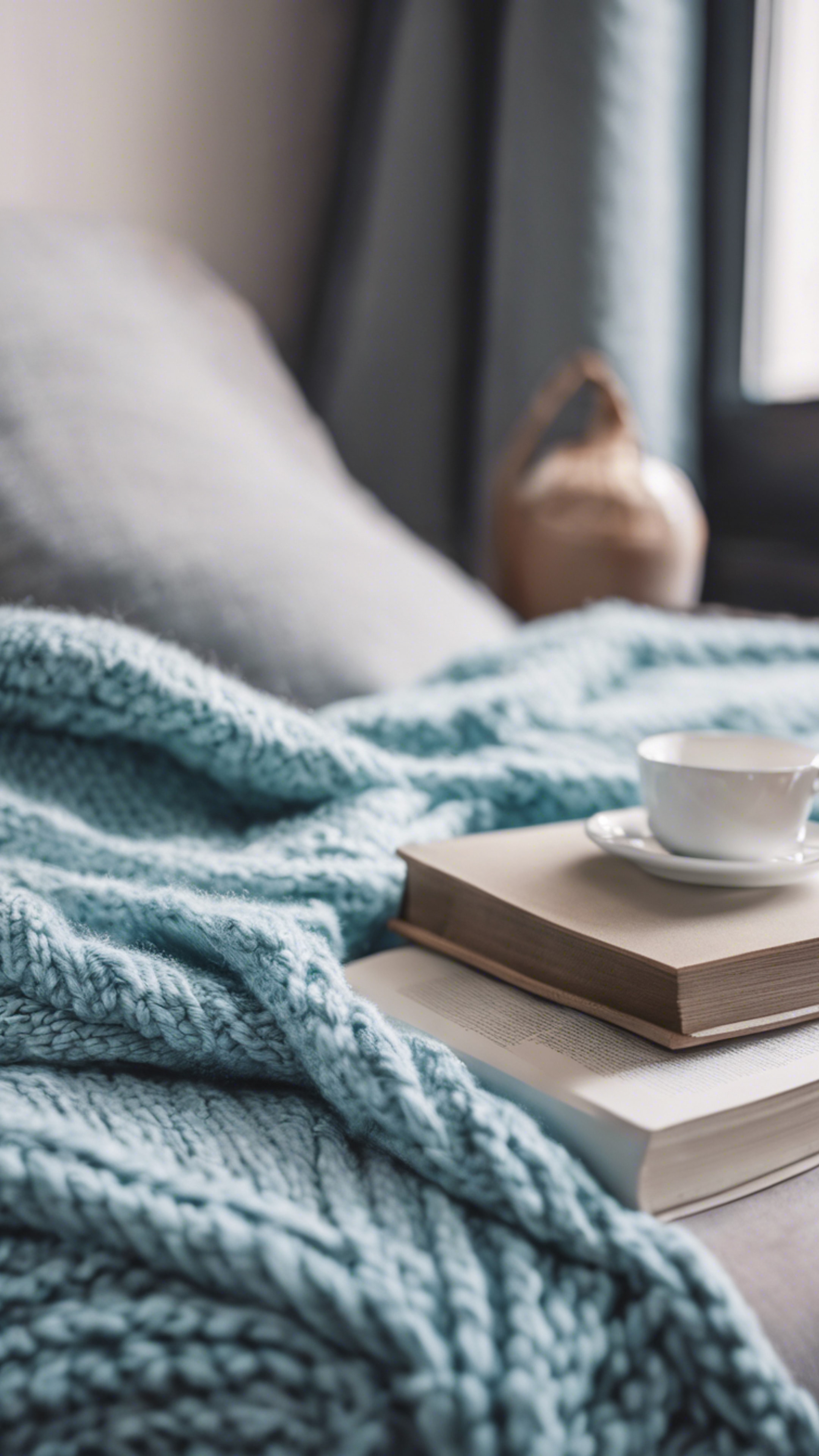 A comfy pastel blue knit blanket on a cozy reading nook.壁紙[8b9dbef051e3475cbaed]