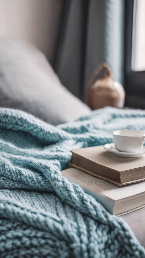 A comfy pastel blue knit blanket on a cozy reading nook.