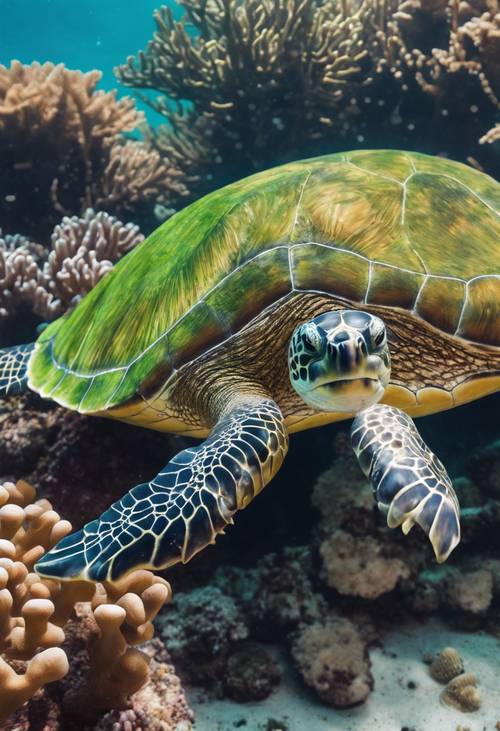 Una tartaruga verde con macchie blu navy che nuota vicino a una barriera corallina.