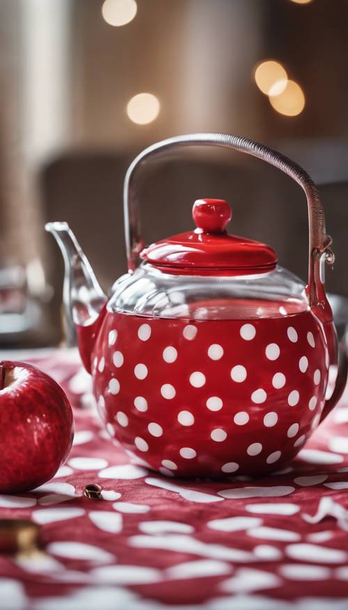 一个老式的、糖果苹果红和白色圆点茶壶正在倒茶。