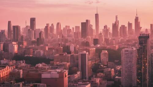 A city skyline bathed in a soft pink light during the golden hour. Tapeta [a0e86d6b08774ffe909f]