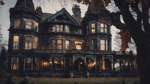 An old Victorian manor dimly lit, with black Halloween decorations adorning the facade.