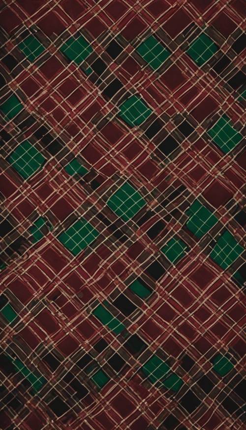 An intricate red and green plaid pattern on a classic gentleman's tie, set against a dark mahogany desk