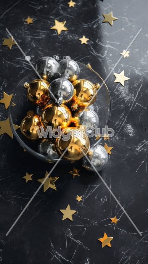 金と銀のクリスマスオーナメントと星の壁紙
