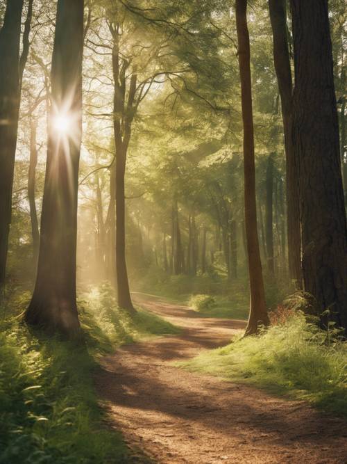 Un animado sendero forestal bajo el sol, con la frase “La alegría es la forma más simple de gratitud” grabada caprichosamente en la sombra de los árboles.