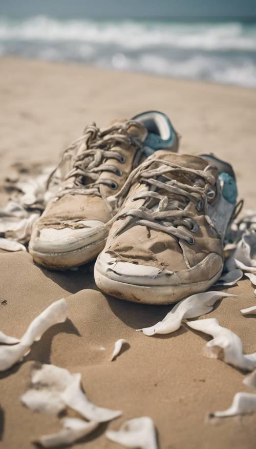 Một đôi giày thể thao cũ với đế mòn và phai màu, bị bỏ quên trên bãi biển đầy cát với những con sóng vỗ vào nền.