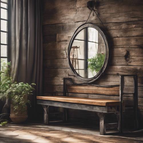木のベンチと錆びた金属の枠の鏡があるモダンな田舎風の玄関　