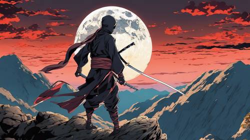 Um ninja em estilo anime tradicional posando dramaticamente em um penhasco ventoso com uma grande lua cheia atrás.