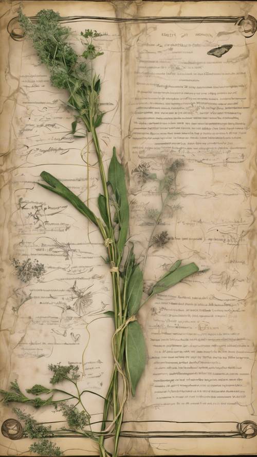 An aged chapbook of folk remedies, bound with twine and filled with descriptions of herbs and botanical drawings. Tapet [1a6428e76f164048ad62]