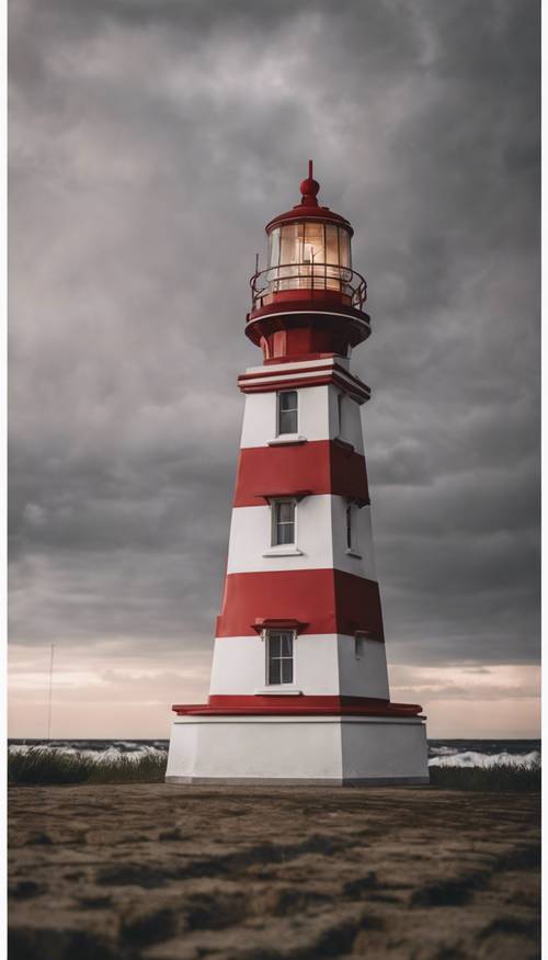 A red-striped lighthouse set against a cloudy grey sky at sunset. Tapeta [6149e91ec2aa4f30b46d]