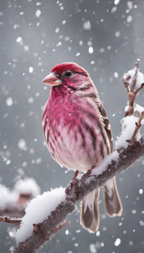 A purple finch perched on a snowy branch in the middle of a serene winter day ផ្ទាំង​រូបភាព [c88b17fd6cf949b4bb0d]