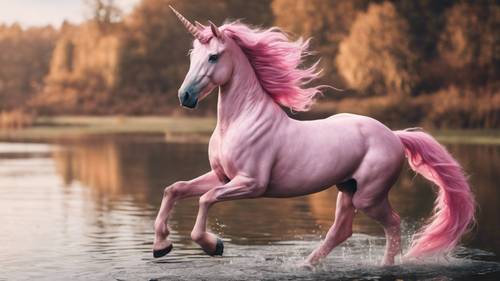Un grazioso unicorno rosa che impenna lungo il bordo di un lago incantato.