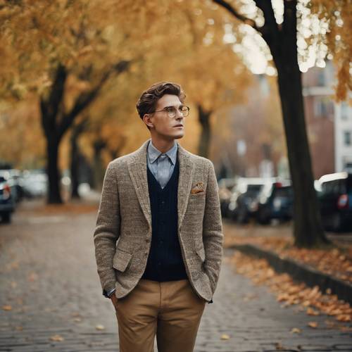 Un hombre de muy buen gusto vestido con una chaqueta de tweed, un suéter de punto trenzado, chinos y mocasines, de pie en una calle bordeada de árboles otoñales.