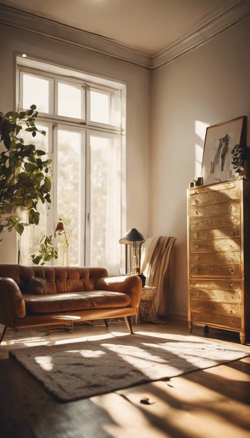 A modern room with vintage furniture and white walls, illuminated by golden afternoon sunlight pouring from the window.