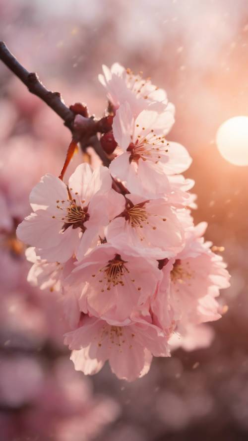 노을이 지는 하늘을 배경으로 부드럽게 떨어지는 부드러운 분홍색 벚꽃