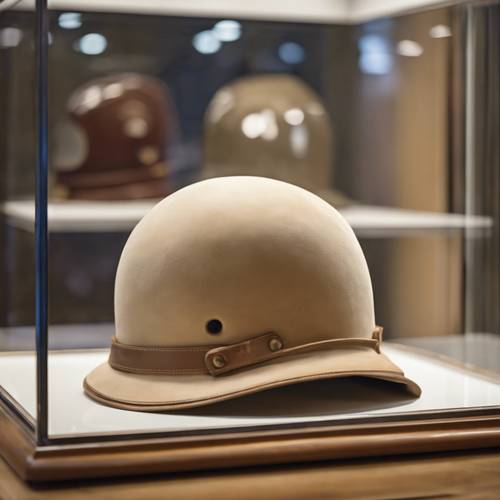 A 20th-century safari helmet made from cream-colored suede, kept in a glass showcase.