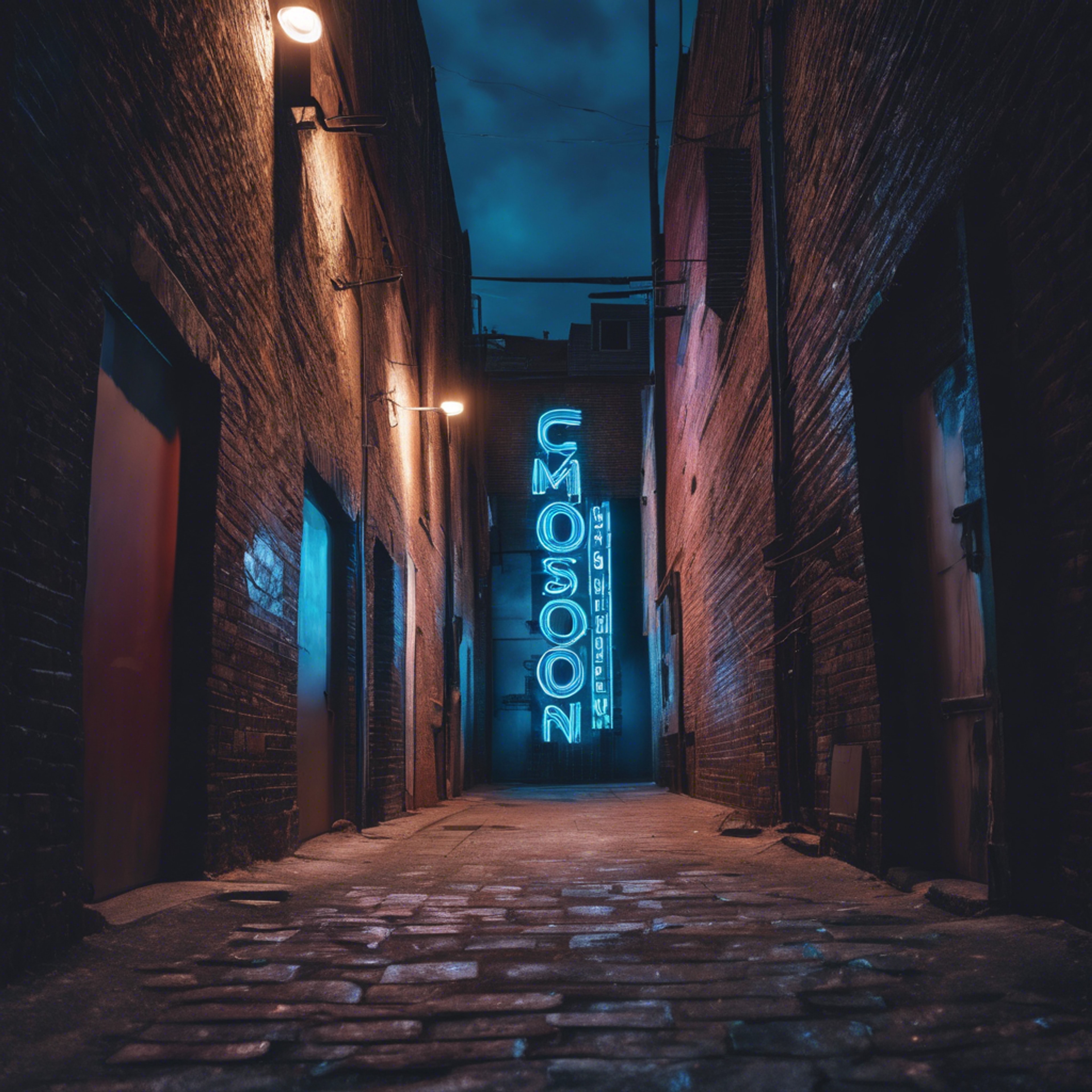 A cool blue neon sign glowing in a dark alley Tapetai[2a7b25783bff4a339087]