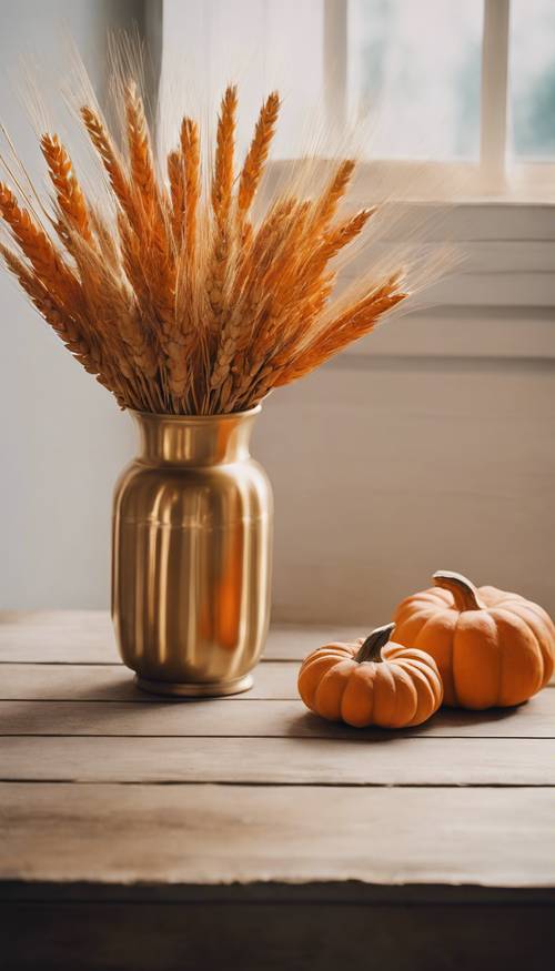 Vase of golden Autumn wheat accompanied by a bunch of vivid orange pumpkins for a simple Thanksgiving mantel display.