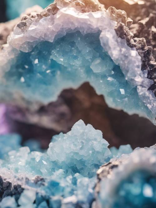 面白いパステルブルーの宝石が開いて結晶の形が見える壁紙