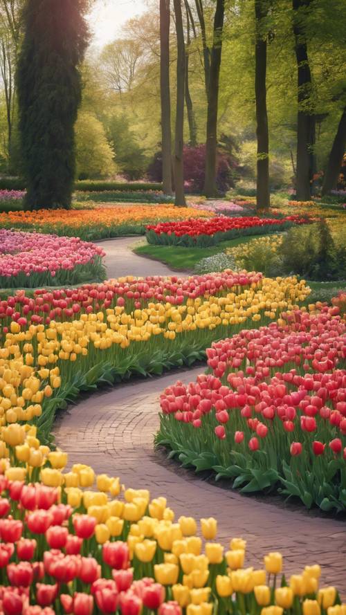 一条宁静的小路蜿蜒穿过密歇根州田园诗般的荷兰郁金香花园，一片盛开的色彩奇观。