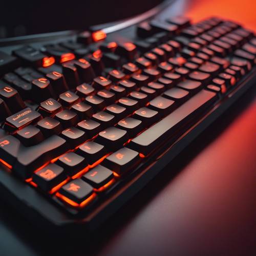 A gaming keyboard with distinctive red hotkeys contrasting the orange backlit keys.