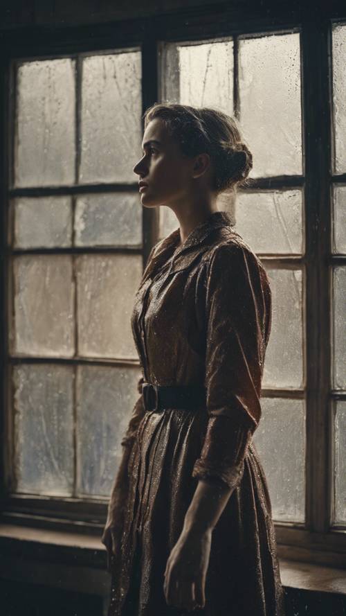 Zatroskana kobieta w ubraniach vintage, wpatrująca się ponuro w zabrudzone deszczem okno.