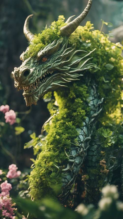 一條由綠色藤蔓和盛開的花朵組成的酷龍，從一個夢幻般的秘密花園中出現。