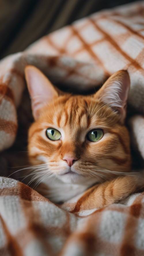 Gambar kucing kucing oranye dari dekat meringkuk di atas selimut kotak-kotak yang nyaman, mendengkur lembut, dengan kilatan lucu di matanya.