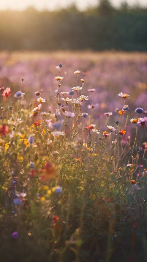 Поле, полное ярких полевых цветов, ловящих лучи раннего утреннего солнца.