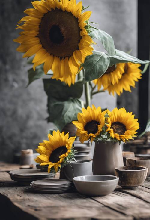 A gray, rustic wooden table set with vibrant yellow sunflowers placed on top.